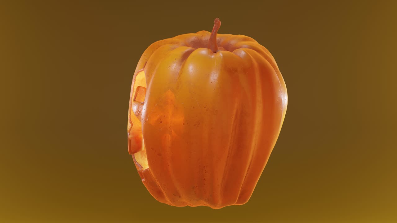 calabaza de halloween con signo de dólar tallado e iluminado, girando en un bucle infinito en un fondo naranja y borroso, renderizado en 3d