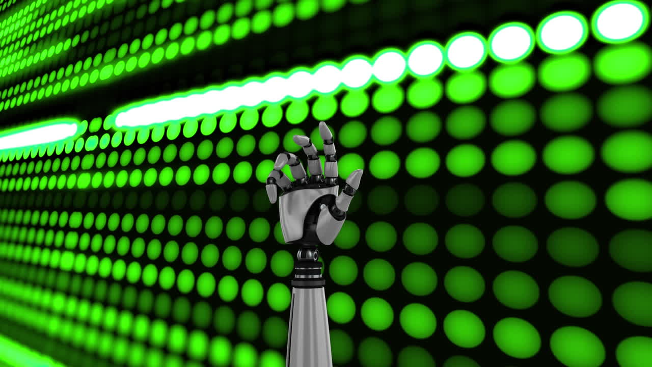 animación de la mano del robot girando con filas de luces led verdes en movimiento en el fondo