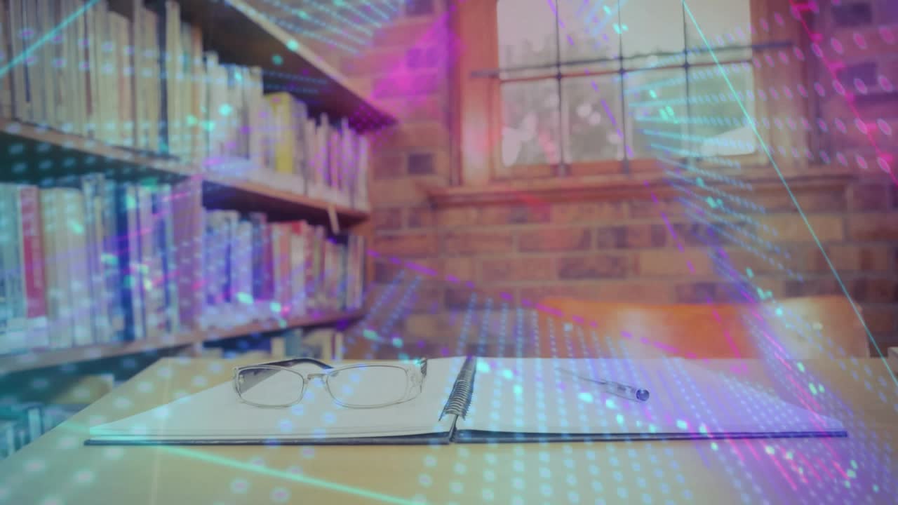 Neon lines appearing, forming holographic mesh drifting across notebook, glasses for study insight