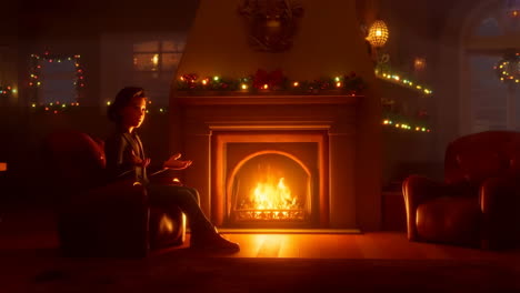 una acogedora noche de navidad junto a la chimenea.