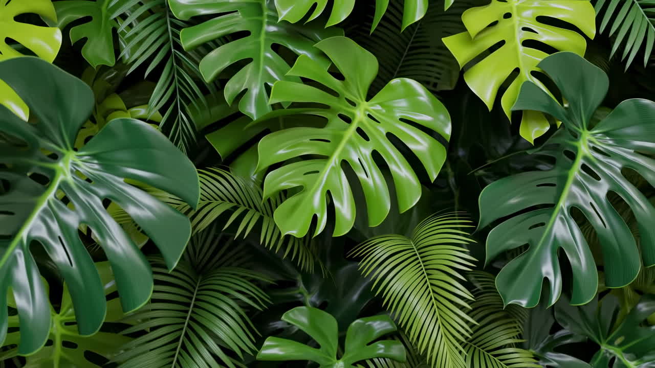 Rigogliose foglie tropicali verdi che ondeggiano dolcemente.