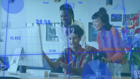 Animation-of-graphs-and-changing-numbers-over-diverse-coworkers-discussing-on-desk-in-office