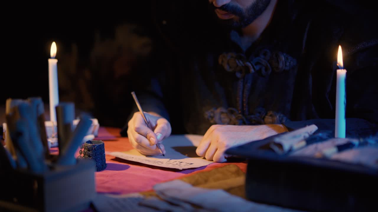 Candlelight letter writing in Ancient Historic setting. Historical scenes.