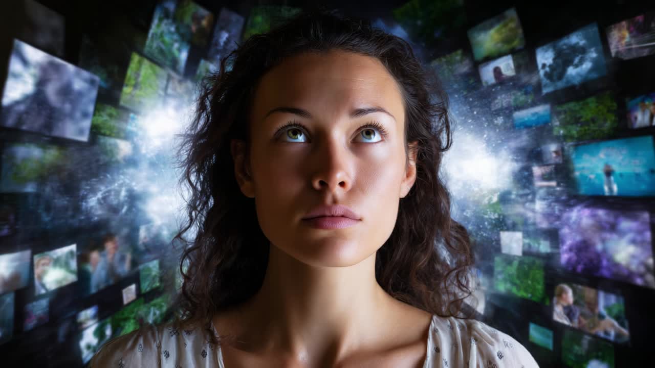 A contemplative woman gazes upwards, surrounded by a dazzling array of multimedia images depicting nature, emotion, and memories, illustrating the power of imagination in a digital world full of possibilities