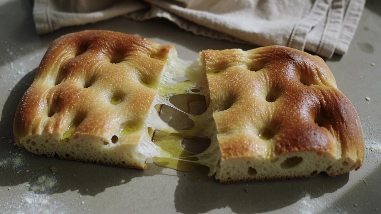Metà di focaccia che gocciolano olio d'oliva nello spazio centrale su una superficie da cucina con un asciugamano di lino