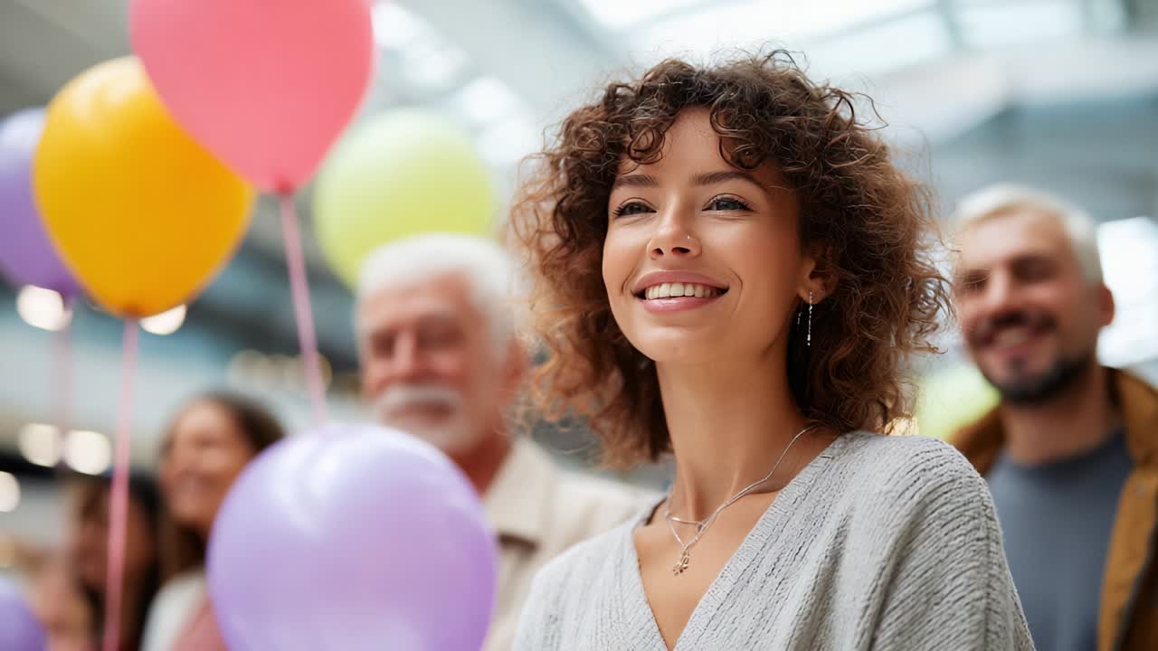 A Joyful Celebration with Friends: Smiling Woman Holding Colorful Balloons Amidst Happy Gatherings in a Bright Indoor Space, Highlighting the Cheerful Atmosphere of Togetherness and Fun