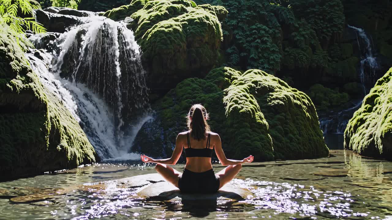 A serene video scene of a woman meditating by a waterfall, captured from a rear low-angle