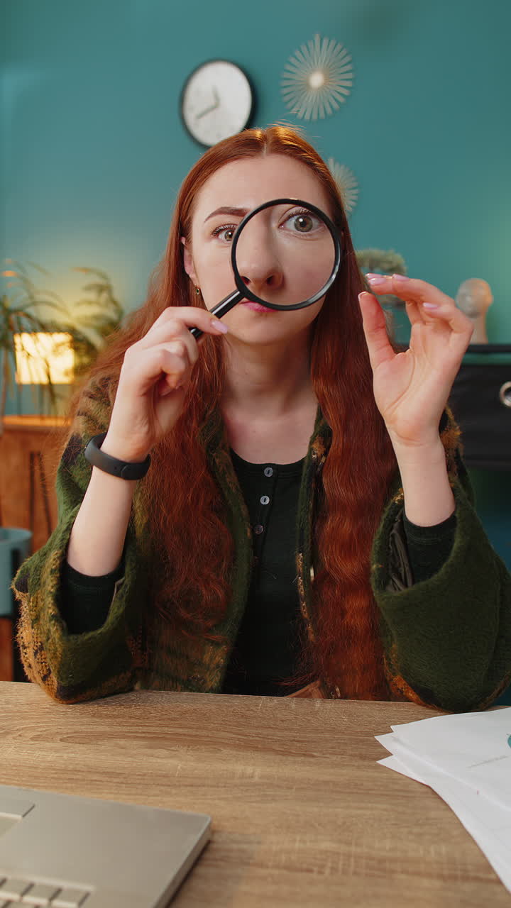 mujer asombrada sostiene una lupa cerca de la cara mirando a la cámara con un gran ojo ampliado analizando wow