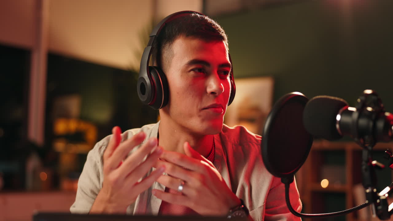 Man Recording Podcast with Microphone and Headphones