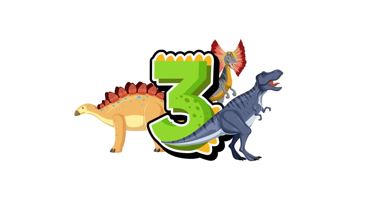 Dinosaurs and numbers combine in a colorful animation teaching counting from one to ten with playful movements