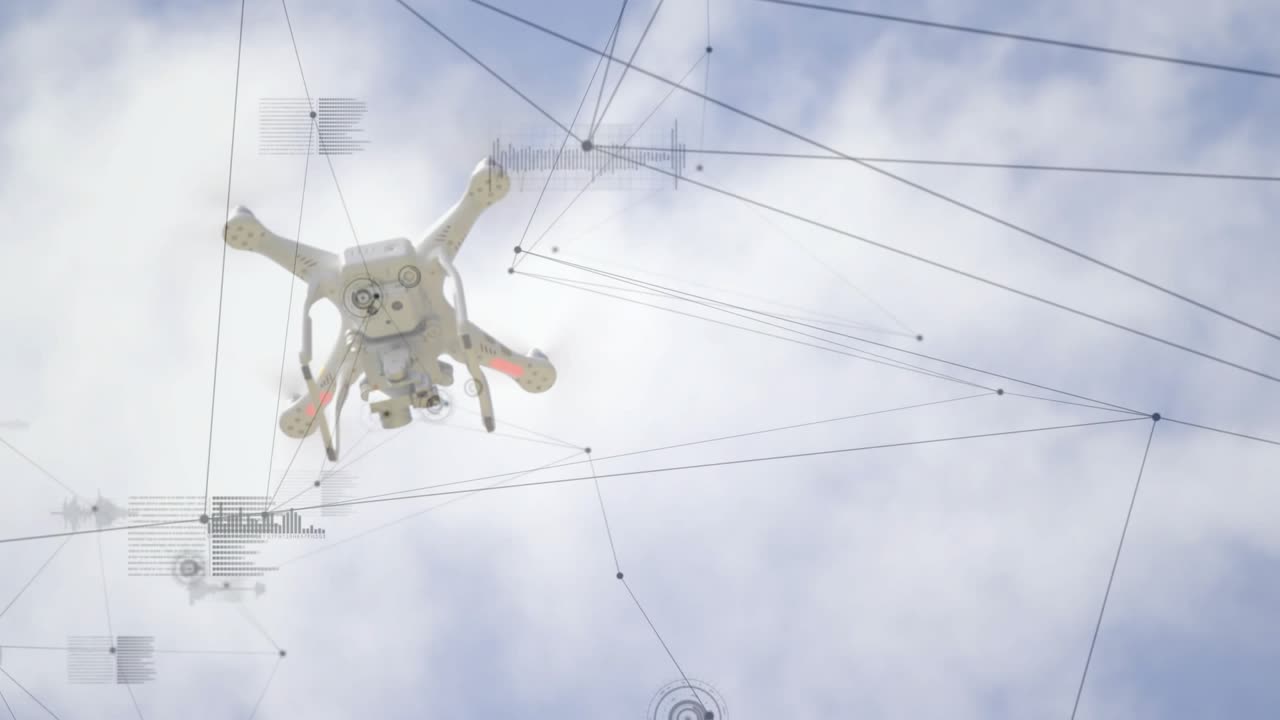 HUD activating network overlay, white drone rotating and descending while mapping sky connectivity