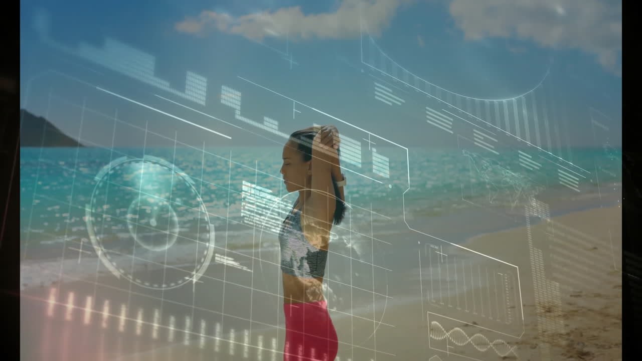Woman on beach with digital interface animation overlaying ocean background