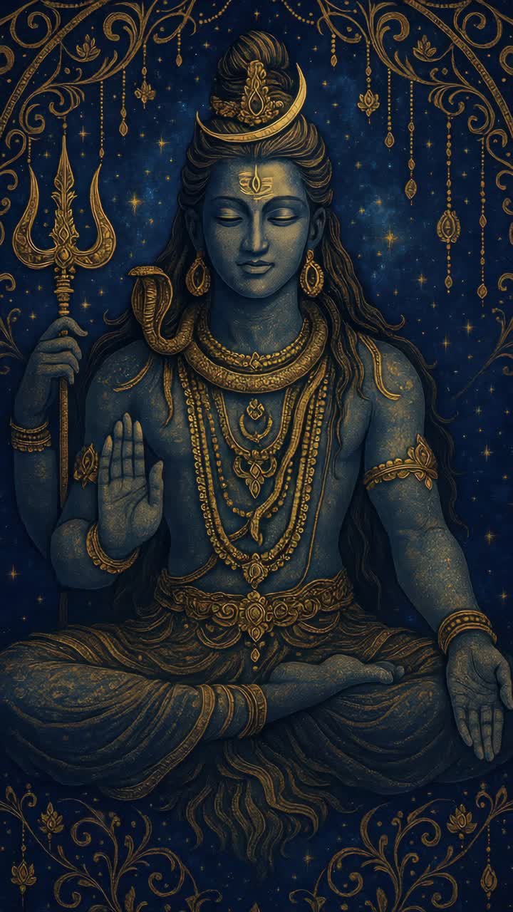 Um conceito de vídeo místico e frontal de uma divindade serena em intrincados detalhes em dourado e azul, adornada