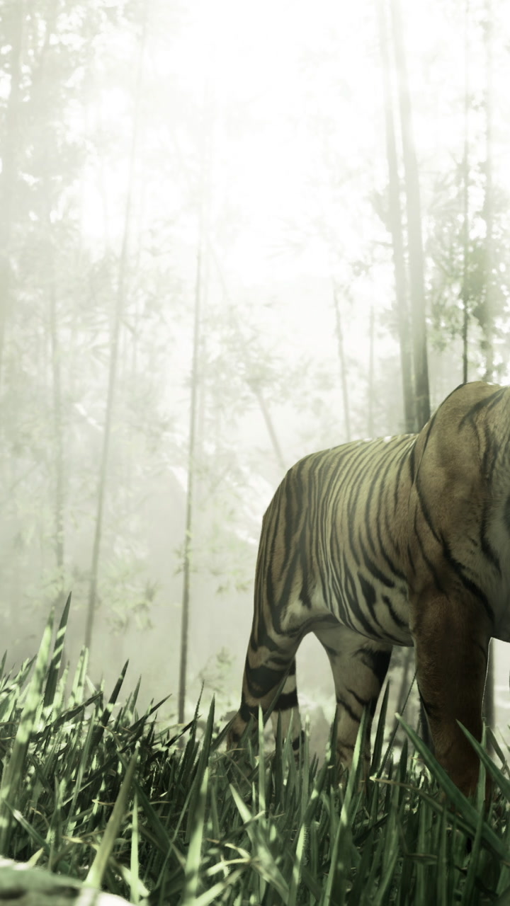 Tiger walks through a misty forest during early morning hours