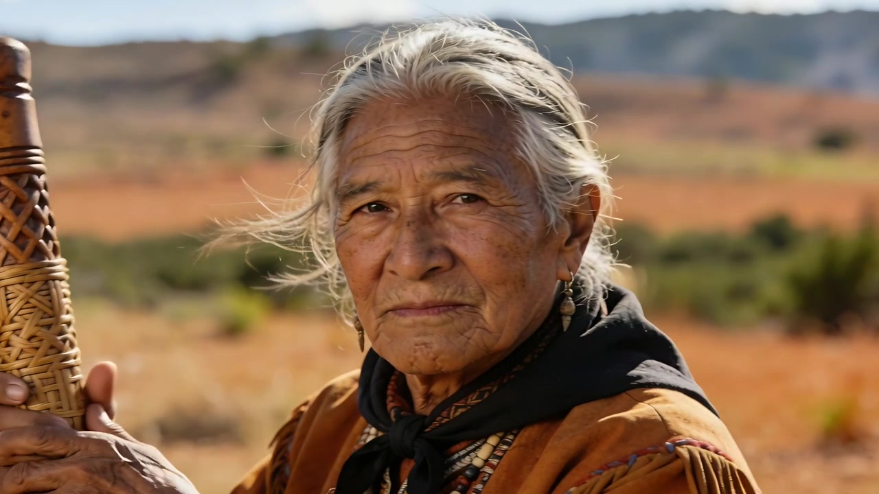 Anziano indigeno con bastone intagliato, la telecamera si sposta, si gira, riflette e scruta la pianura, vestito in pelle di daino.