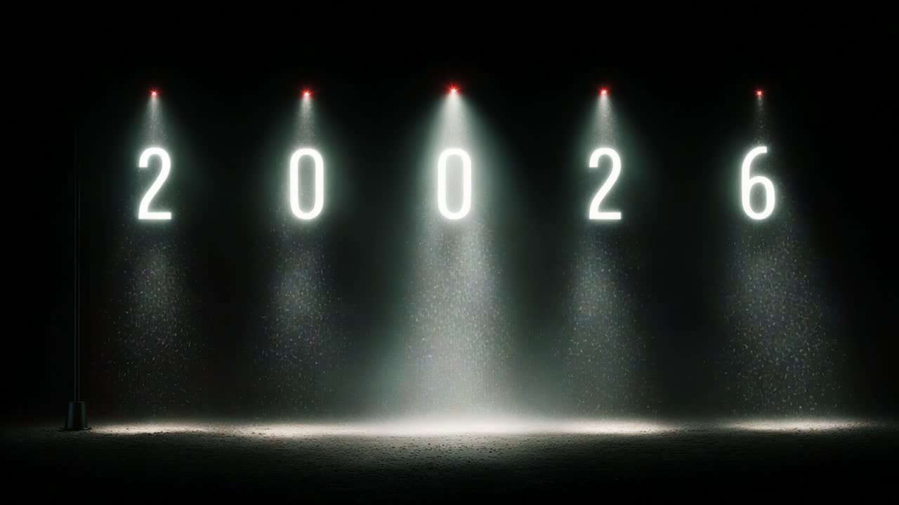 Numeri digitali illuminati che mostrano 20026 in un ambiente scuro con faretti e nebbia, catturando un momento di incredibile contrasto visivo ed estetica moderna in un design minimalista