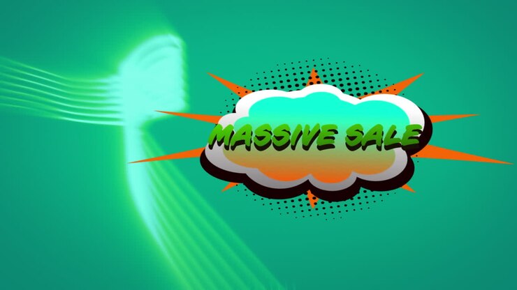 Massive sale text over retro speech bubble against digital waves on green background