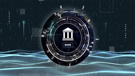 Animation-of-bank-scanner-with-currency-symbols-over-processing-data-and-network-wave