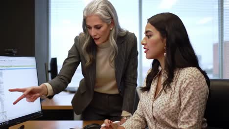 two professionals engage in an intense discussion while reviewing project details on a computer screen in a modern office setting. the mentor provides valuable insights into teamwork dynamics.