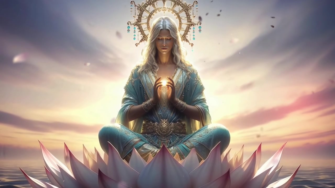 Divine Being Meditating on a Giant Lotus Flower at Sunset