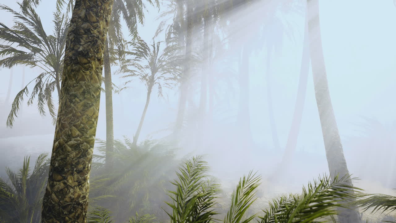 Mysterious fog envelops palm trees in a tropical jungle landscape at dawn