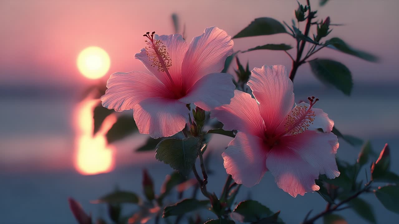 Un tramonto ipnotico che illumina delicati fiori di ibisco, mostrando i loro petali intricati e i colori vivaci su uno sfondo sereno.