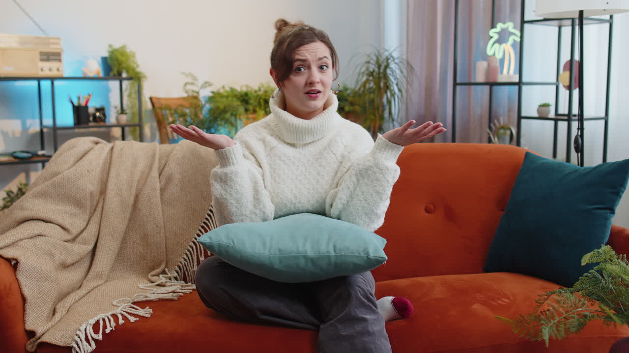 Pretty woman girl asking why what reason of failure demonstrating disbelief irritation by troubles