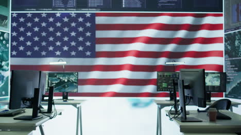 empty monitoring room with an american flag protecting classified information