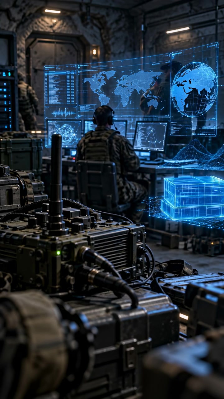 Rear view shows seated person facing several monitors while luminous geographic displays, data graphics, cables, and rugged electronic cases fill a dim industrial control room.
