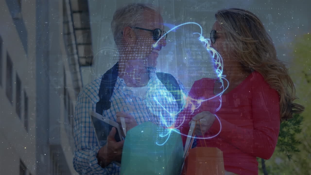 animación de una feliz pareja caucásica madura con bolsa de compras, conexiones globales