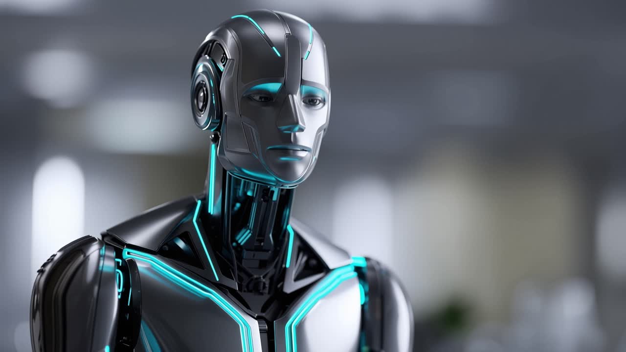 Robot umanoide futuristico che medita in un laboratorio scientifico