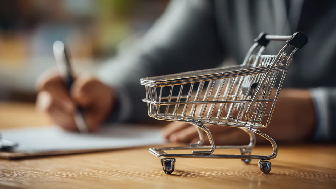Vista detallada de un carrito de compras en miniatura sobre un escritorio mientras alguien toma notas, destacando el concepto de comercio minorista y planificación en un espacio de trabajo moderno.