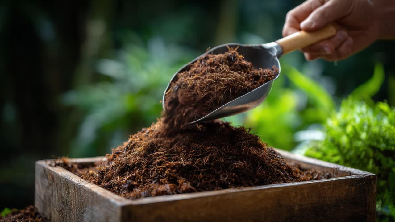 Primo piano di terriccio ricco e scuro estratto da un contenitore di legno, che mette in risalto i dettagli del materiale organico e della vegetazione verde sullo sfondo