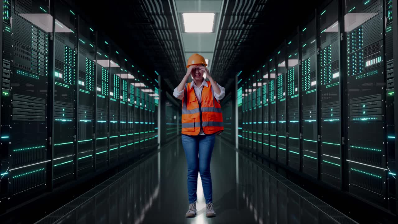 Full Body Of Asian Female Engineer With Safety Helmet Having A Headache While Working in Server Room Data Center
