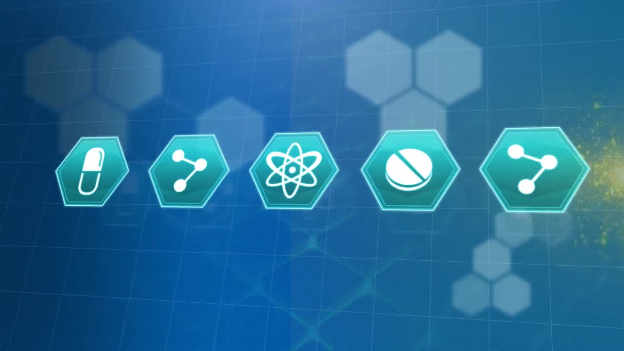 파란색 배경의 모양 위에 의료 아이콘의 애니메이션