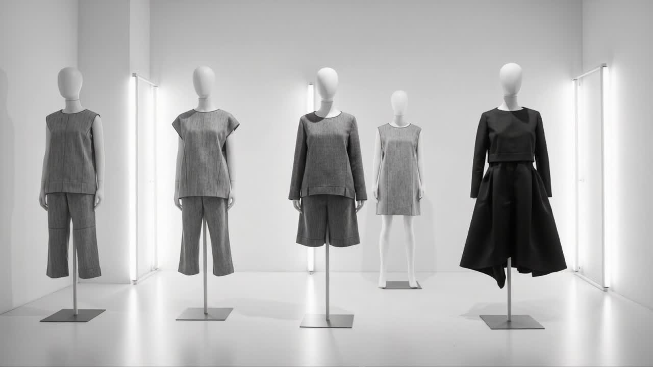 Showcasing Contemporary Fashion: A Display of Minimalist Garments in Monochrome Tones Highlighting Innovative Textile Designs for Modern Aesthetics