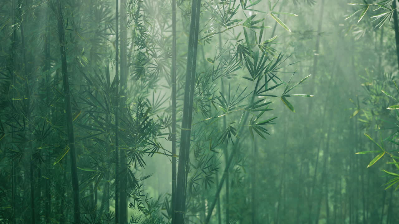 Sunlight filters through a dense bamboo forest in the morning hours