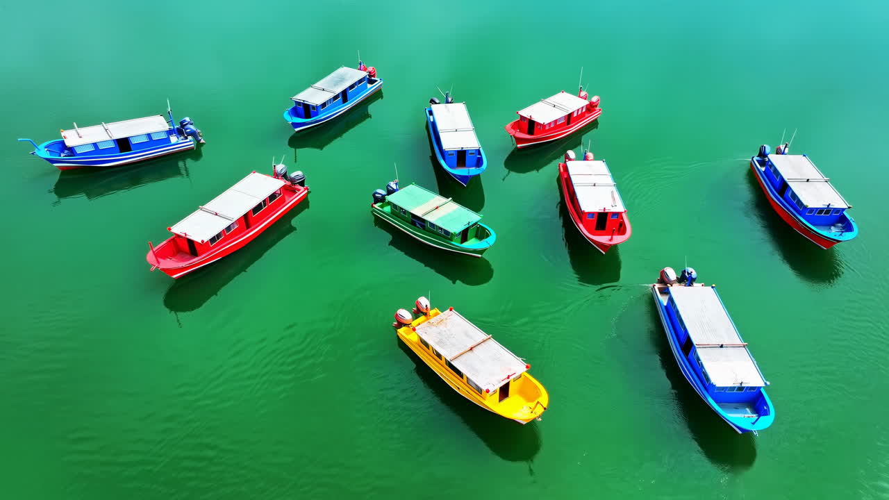 Barche colorate dall'alto su acqua color smeraldo, ripresa con drone che mostra pescherecci ormeggiati in una calma laguna turchese