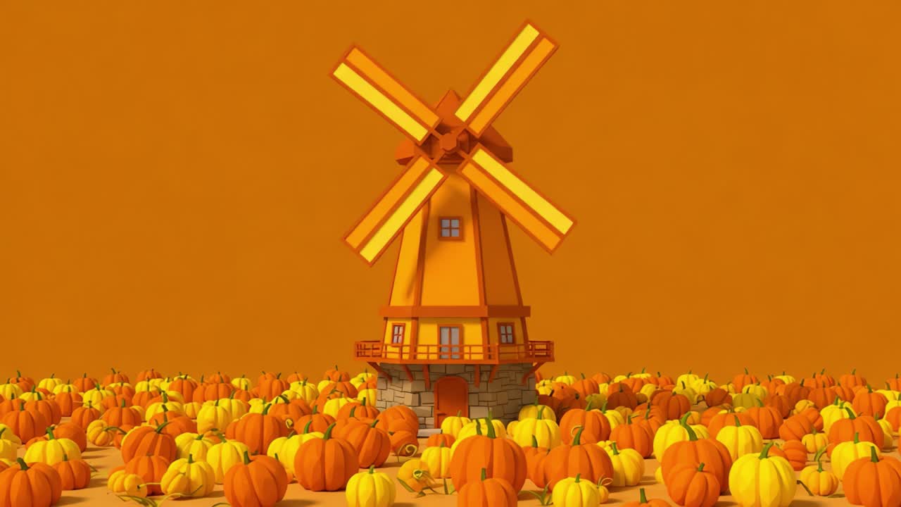 A Vibrant Pumpkin Patch Scene with a Whimsical Windmill Under an Orange Sky, Perfectly Capturing the Essence of Autumn Harvest and Festivity in a Playful Animation Style