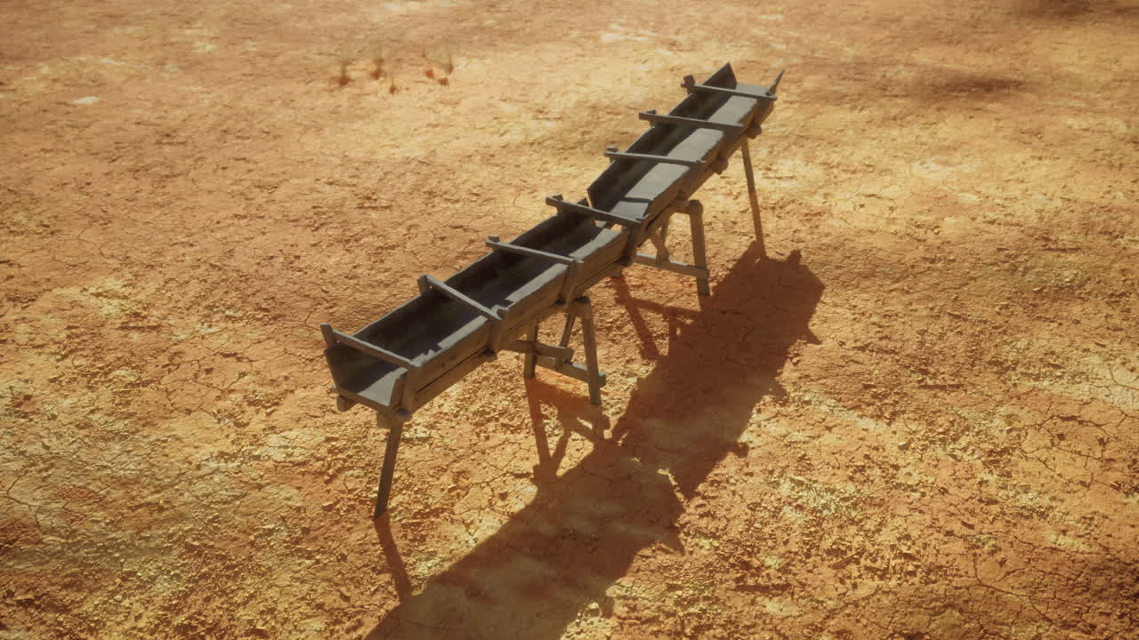 Metal frame structure placed on dry barren ground in a sunny outdoor setting
