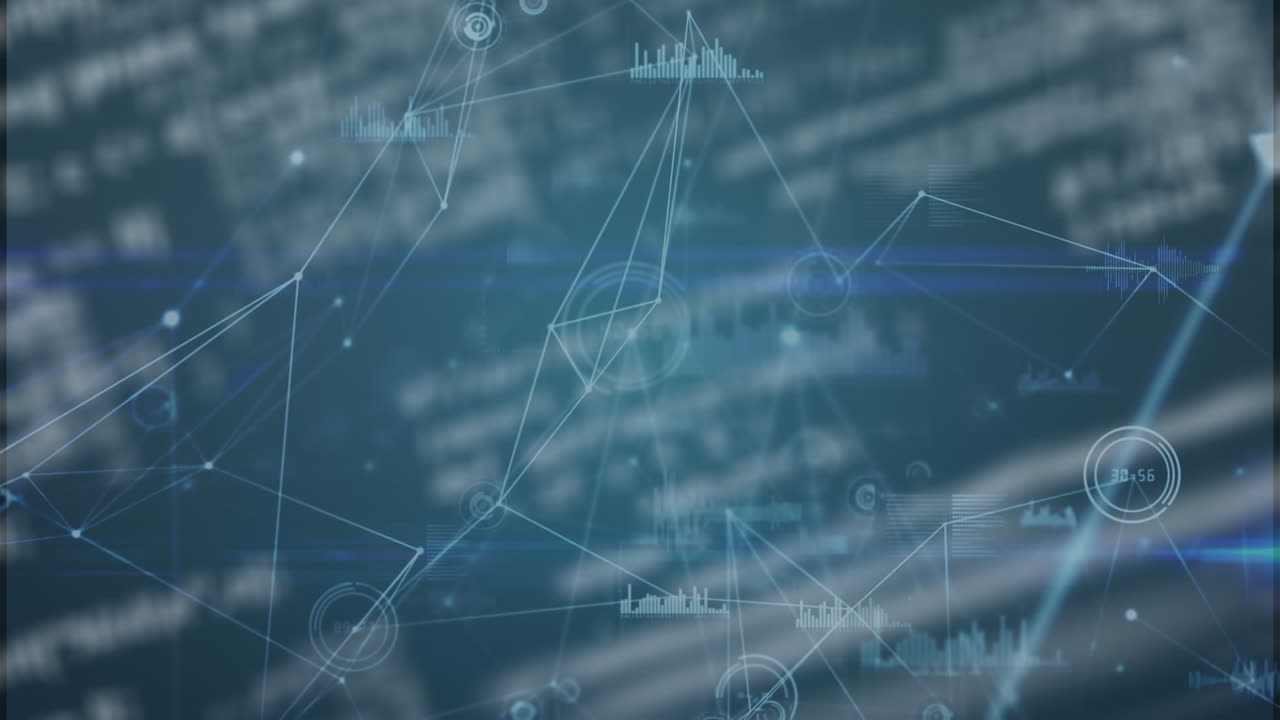 파란색 배경에서 회전하는 연결 네트워크 및 데이터 처리의 애니메이션