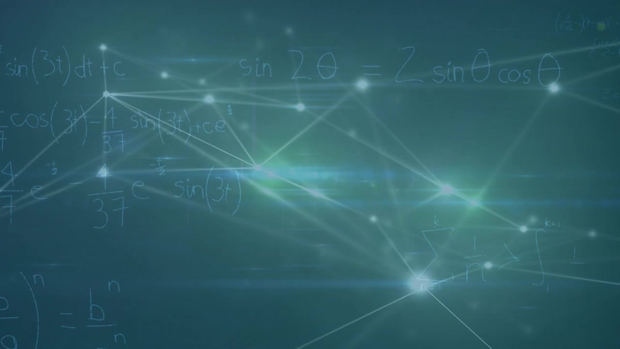 Animation von Verbindungen, Licht und mathematischen Formeln auf grünem Hintergrund