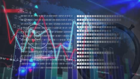 Animation-of-graph-and-data-processing-over-clock-and-world-map