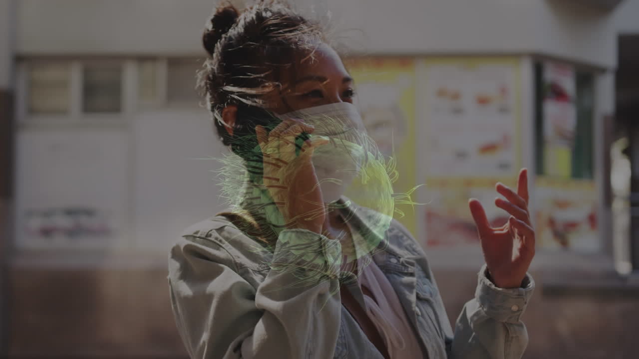 Animation of covid 19 cells moving over woman in face mask