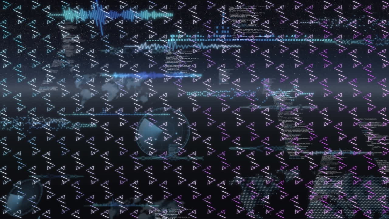 Multiple geometric shapes in seamless against round scanners and data processing on blue background