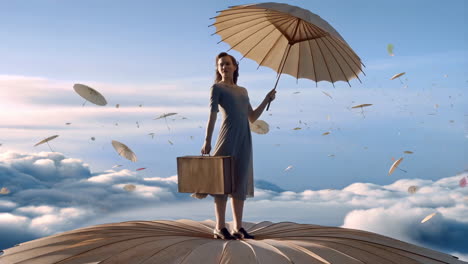 woman with umbrella and suitcase floating above clouds