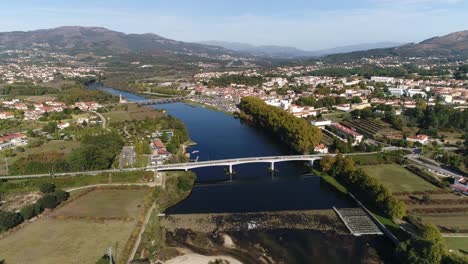 fly above city of ponte de lima in portugal