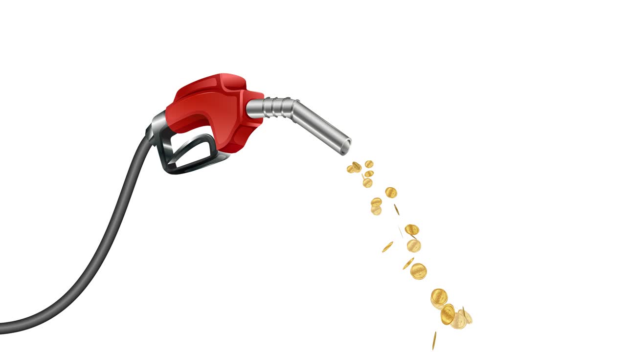 A red fuel nozzle pours gold coins against a white background representing rising energy costs