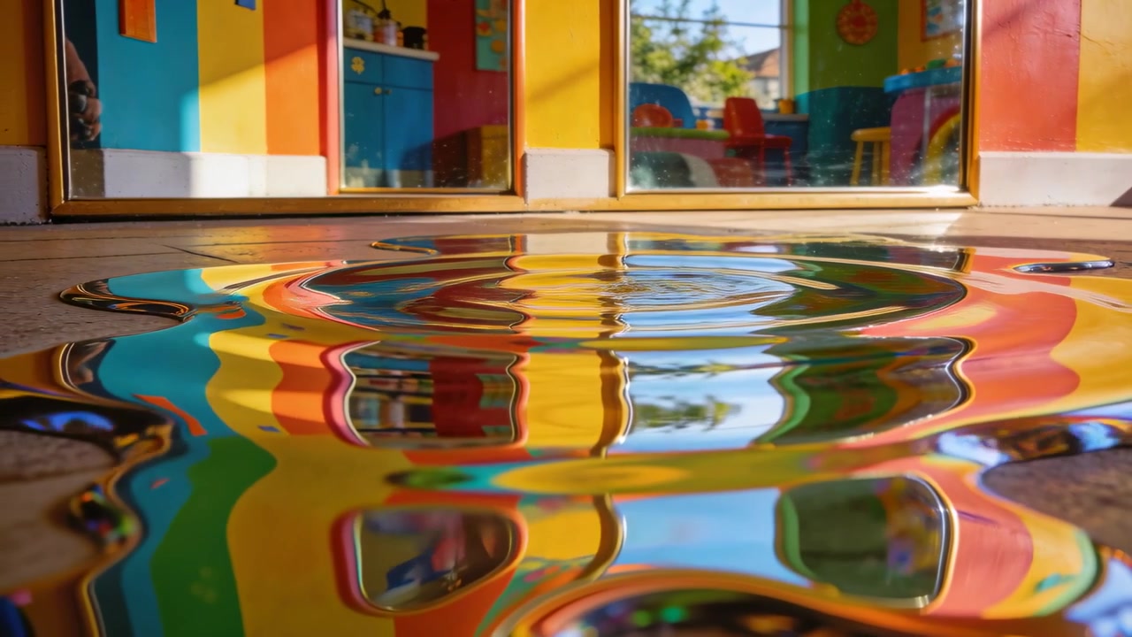 Charco con ondas cerca de una puerta corrediza de vidrio, reflejando paneles brillantes de una sala de juegos y la luz del sol del impacto.