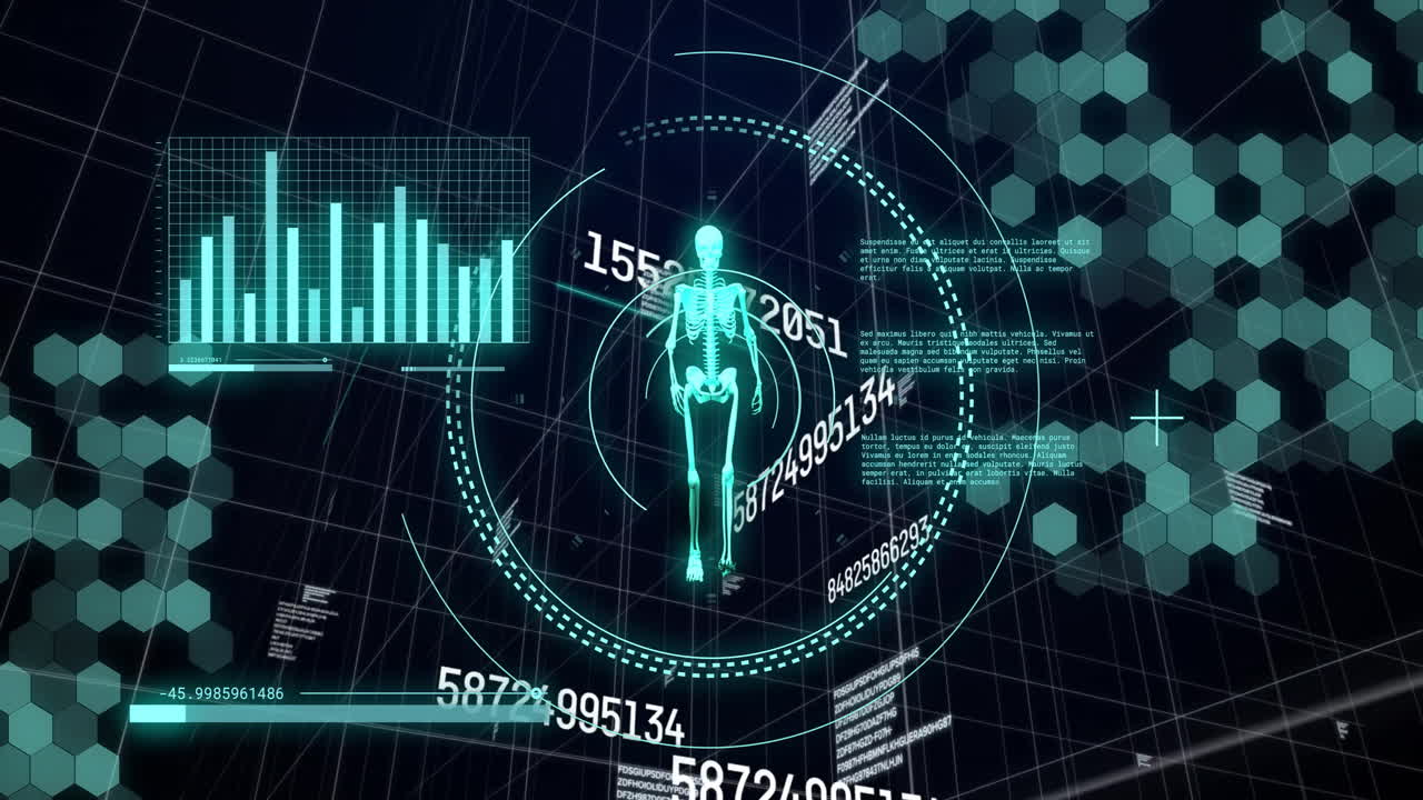 Human skeleton with data charts and numbers, medical animation over ...